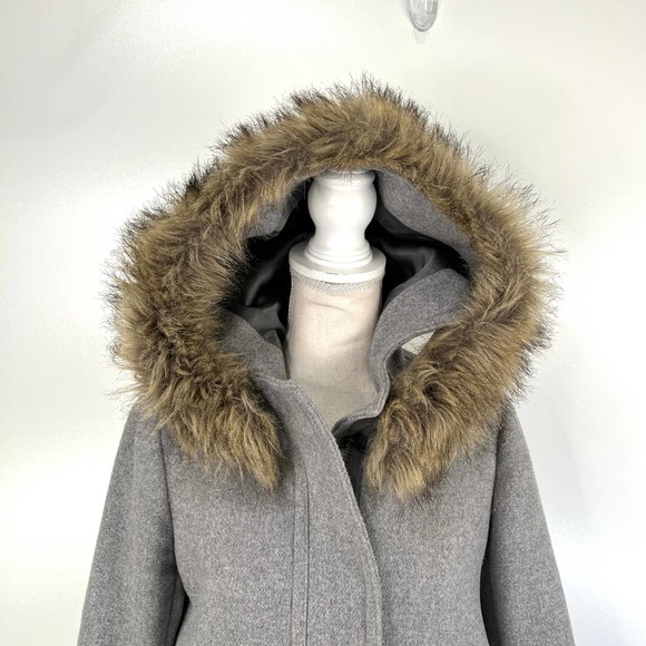 J. Crew Vail Parka Coat Gray Wool Faux Fur Trim Hood - Picture 6 of 10